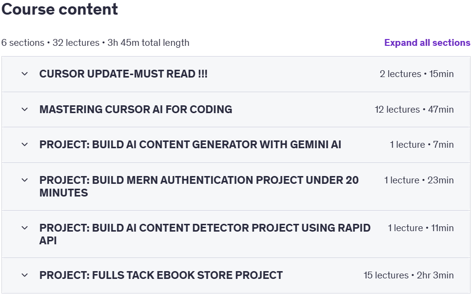 Course topics · AI for Coding: Master Cursor AI for 20X Faster Fullstack App 2025-4