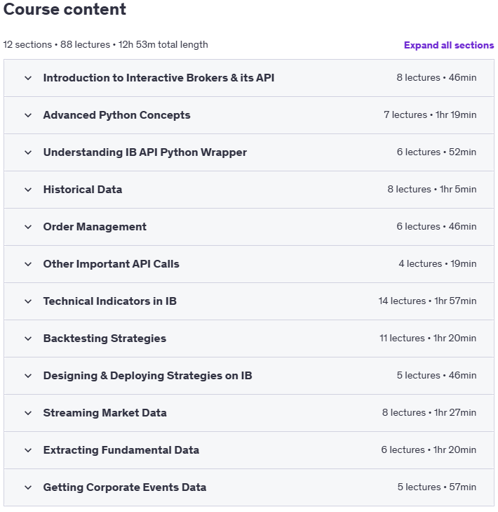 Course topics · Algorithmic Trading using Interactive Broker’s Python API 2025-1