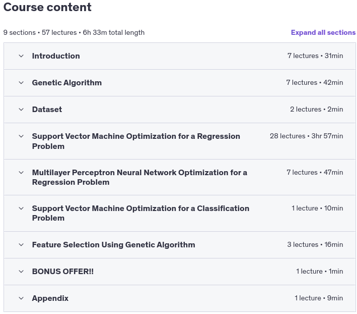 Course topics · Machine Learning Optimization Using Genetic Algorithm 2020-6/2020-8