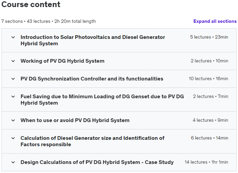 Course topics · Udemy — Introduction to Solar PV and Diesel Generator Hybrid System 2023-6