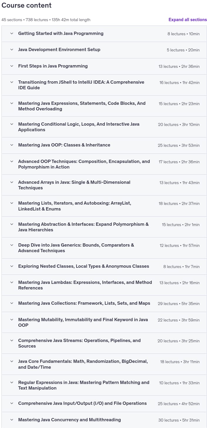 Temas del curso · Java curso completo 2025: 130+ Horas de lecciones de expertos 2025-12