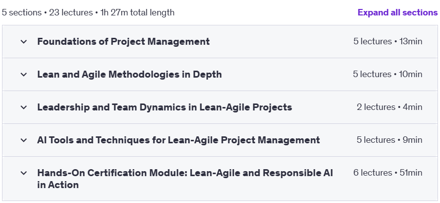 Course topics · Udemy — Agile Project Management & AI: Leadership Essentials 2024-9