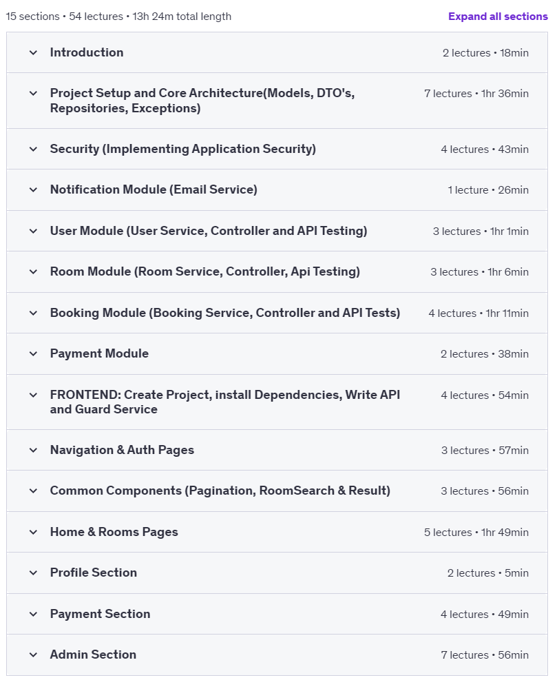Course topics · Udemy — Build Hotel Booking Platform Using SpringBoot, React,Payment 2025-1