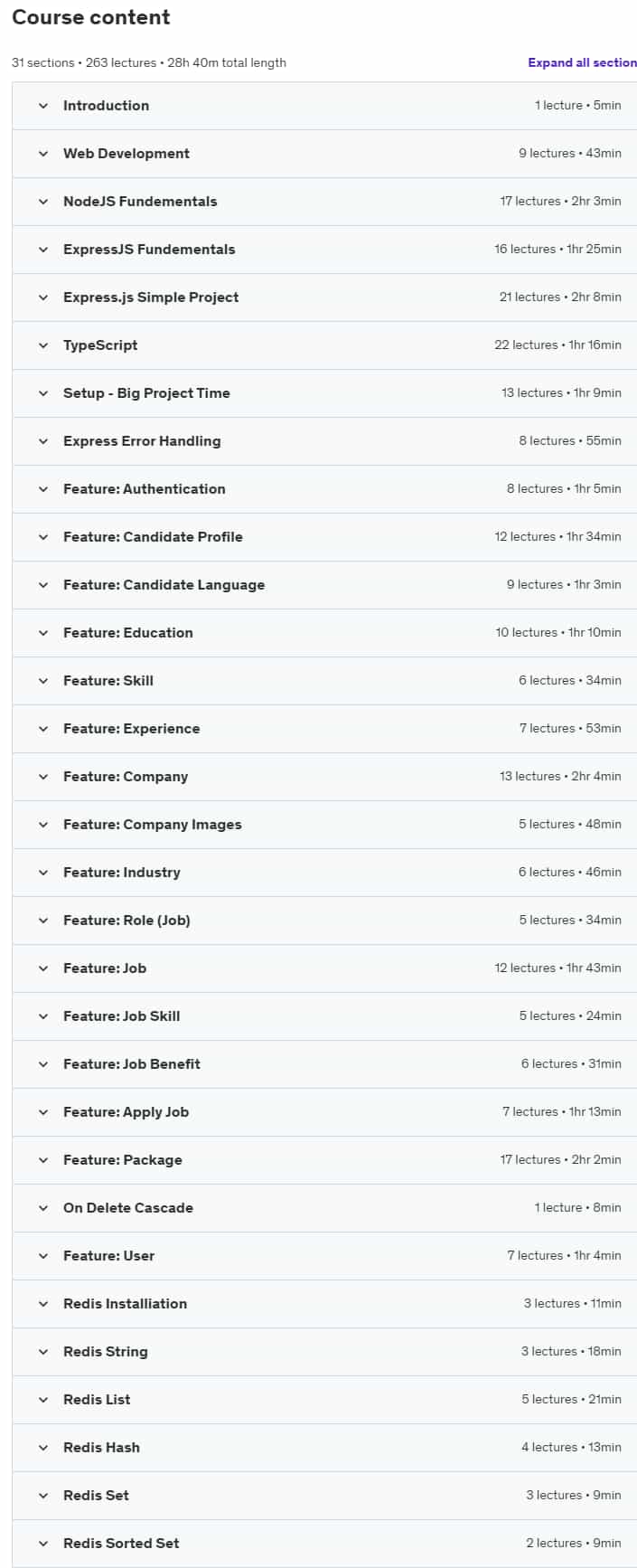 Course topics · The Ultimate NodeJS TypeScript SQL – Job Portal Project 2024-8