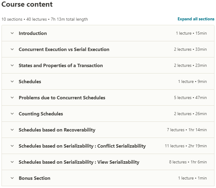 Course topics · Udemy — Database Management Systems Part 4 Transactions 2020-8