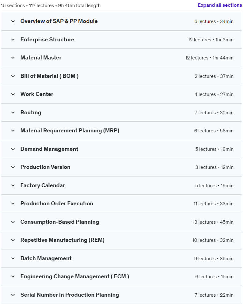 Course topics · SAP S/4 HANA PP (Production Planning) 2024-7
