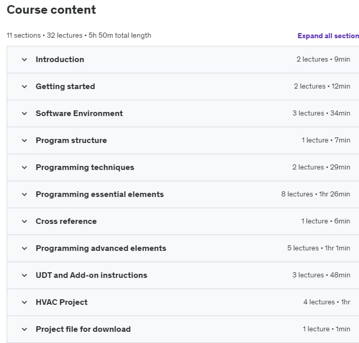 Course topics · Udemy — PLC Programming in Allen Bradley Studio 5000 2023-7