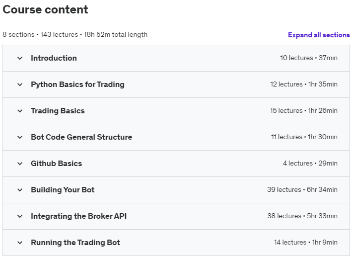 Course topics · Udemy — Automated Trading Bot (Python hands-on bootcamp) 2023-2