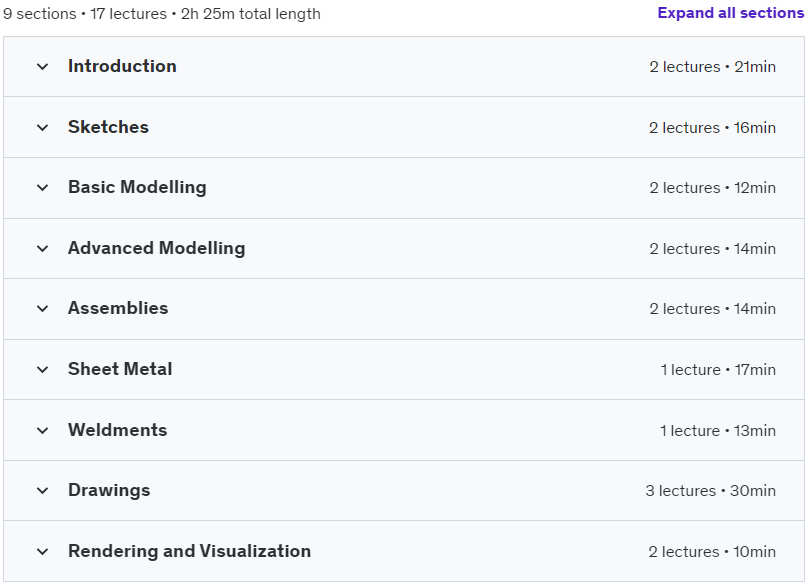 Course topics · Udemy — Basics on Autodesk Inventor 2024-5