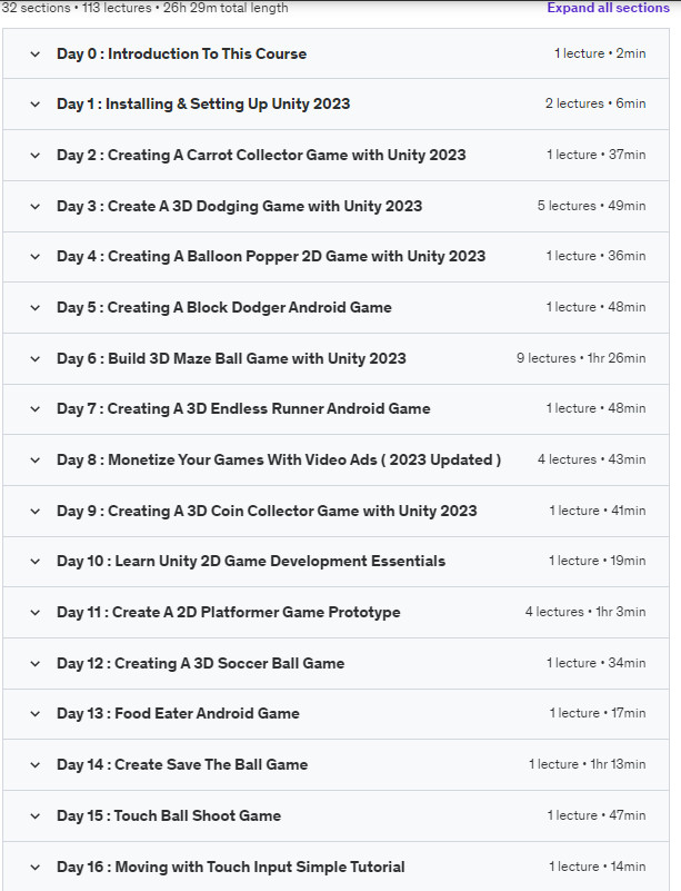 Course topics · Master Unity Game Development in 30 Days : 25+ Game Projects 2023-10