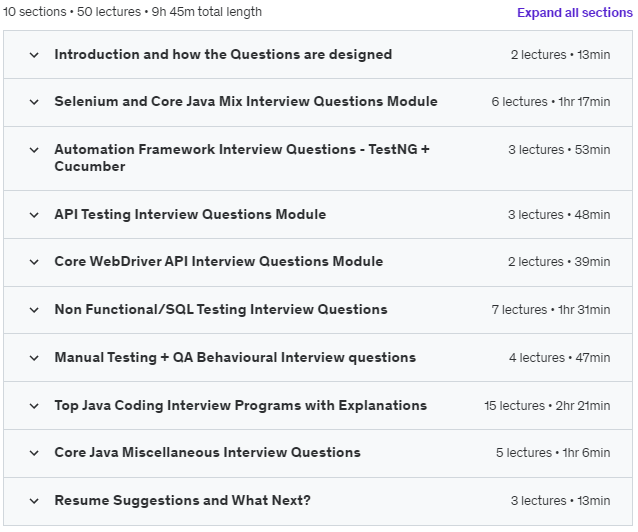 Course topics · Udemy — Top 150+ QA Automation Interview Questions & Resume Tips 2021-11