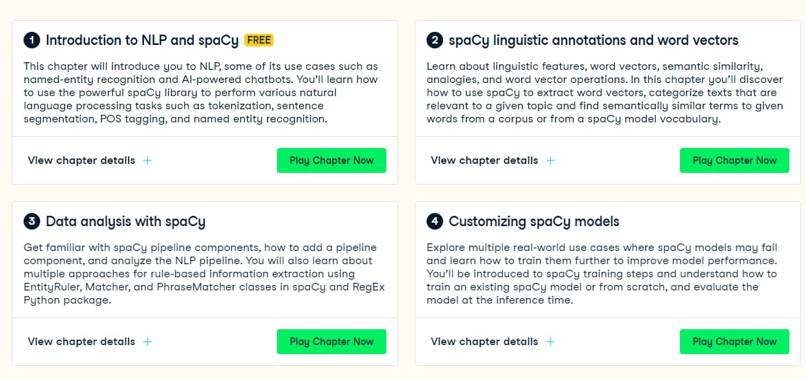 Course topics · Datacamp — Natural Language Processing with spaCy 2023-11