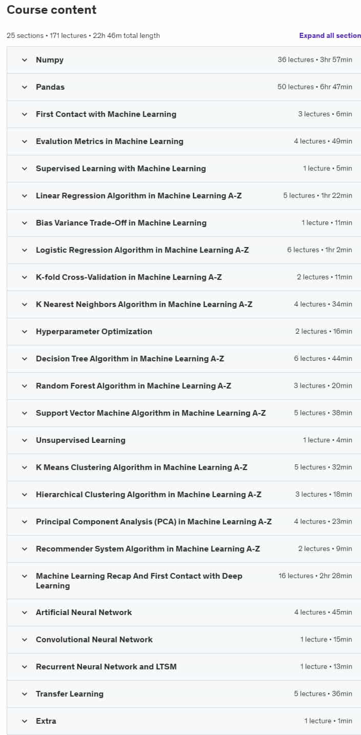 Course topics · Udemy — Artificial Intelligence with Machine Learning, Deep Learning 2024-4