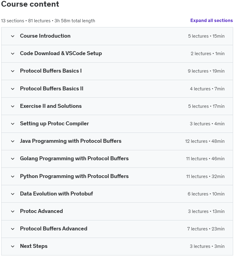 Course topics · Complete Guide to Protocol Buffers 3 [Java, Golang, Python] 2023-11