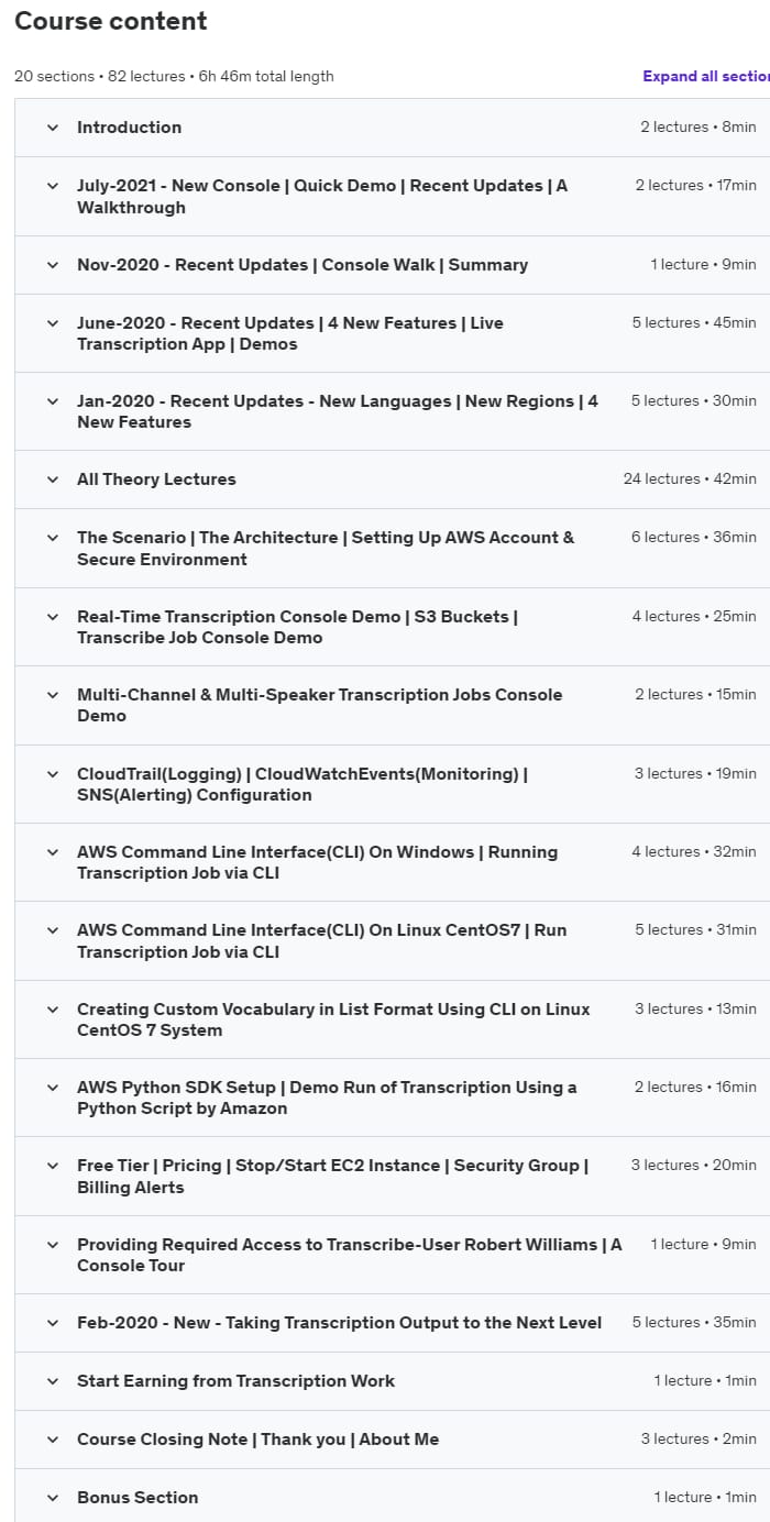 Course topics · Udemy — Transcription happens Automatically – with Amazon Transcribe 2020-8