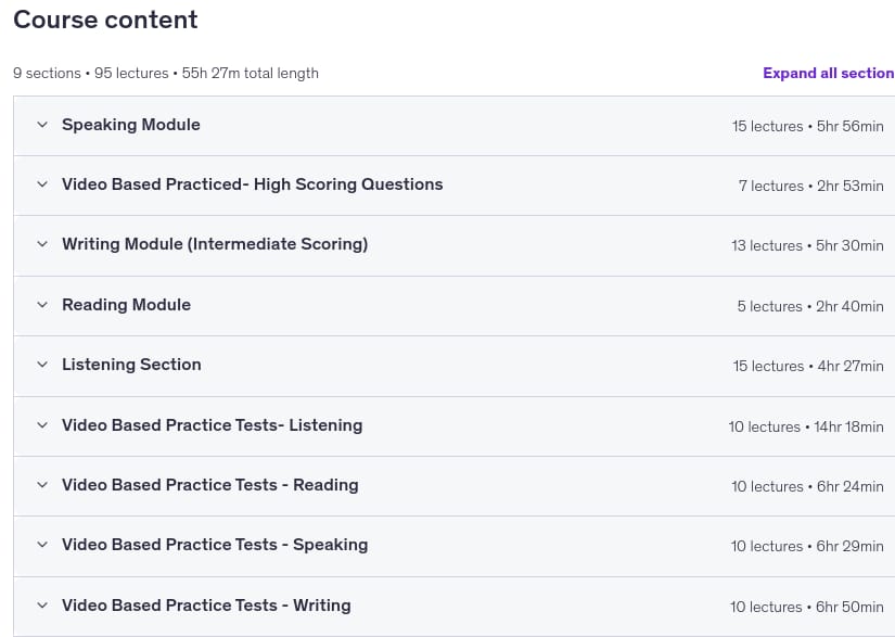 Course topics · Udemy — Advanced PTE Academic Training with 50 Practice Tests 2026-2