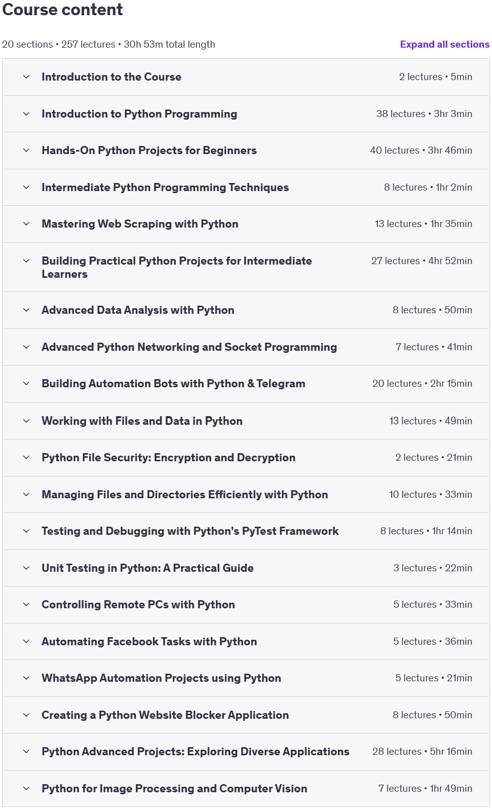 Course topics · 101 Python Projects | The Complete Python Course for 2025 2025-2