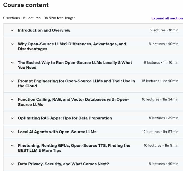 Course topics · Udemy — Open-source LLMs: Uncensored & secure AI locally with RAG 2024-8