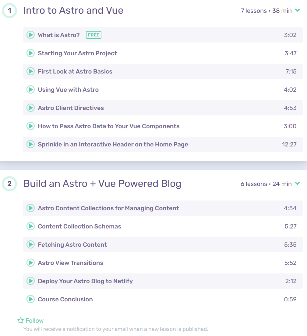 Course topics · VueSchool — Vue School – Content Sites with Astro and Vue.js 2025-3