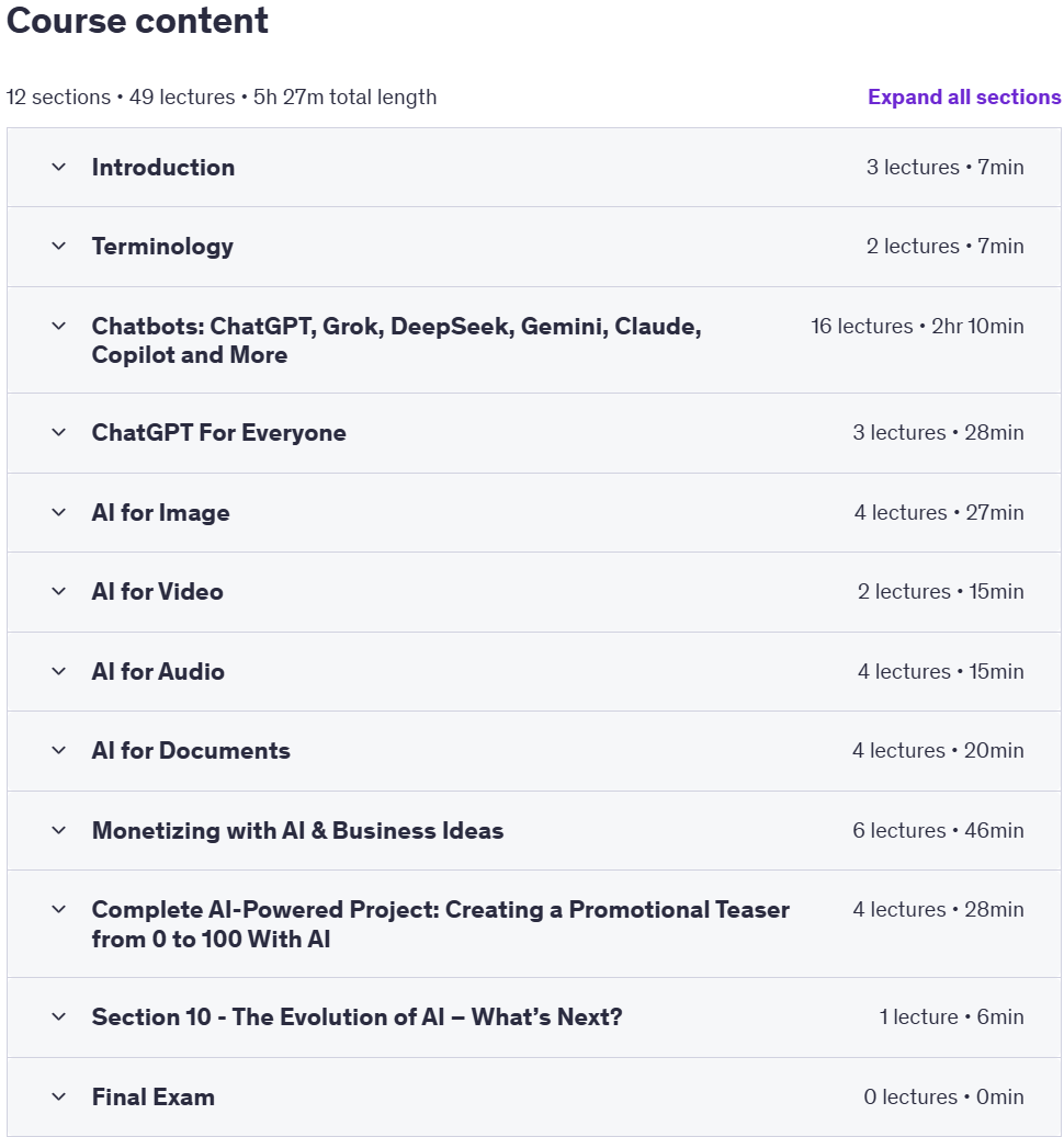 Course topics · Udemy — AI Tools & Monetization: ChatGPT, Grok, DeepSeek & More 2025 2025-4