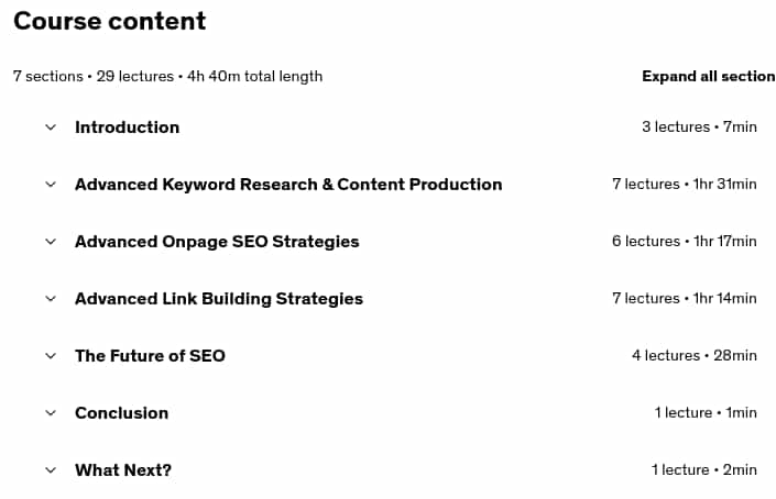 Course topics · Udemy — Advanced SEO Strategies 2025 – Level Up Your SEO Knowledge 2025-6