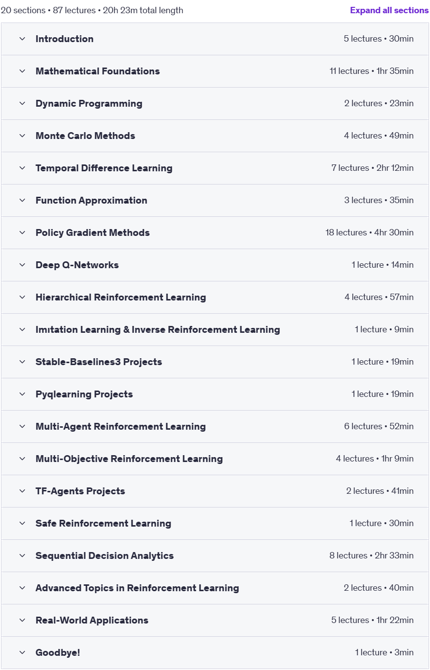Course topics · Udemy — Reinforcement Learning Masterclass 2025-5