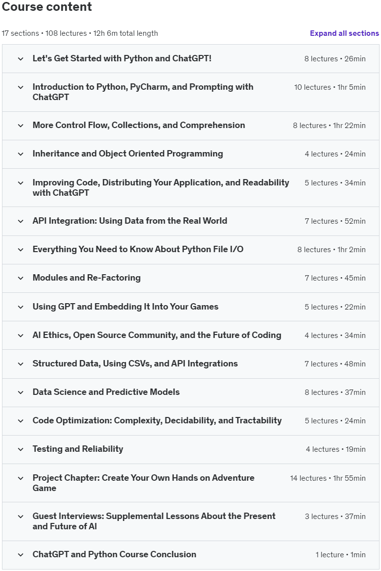 Course topics · ChatGPT Accelerated Python: Complete Python Guide 2024 2023-12