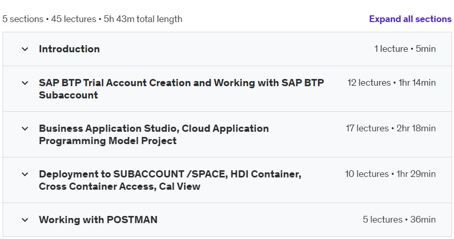 Course topics · Udemy — Step-by-step guide to SAP BTP, SAP HANA Cloud,CAPM, BAS 2024-7
