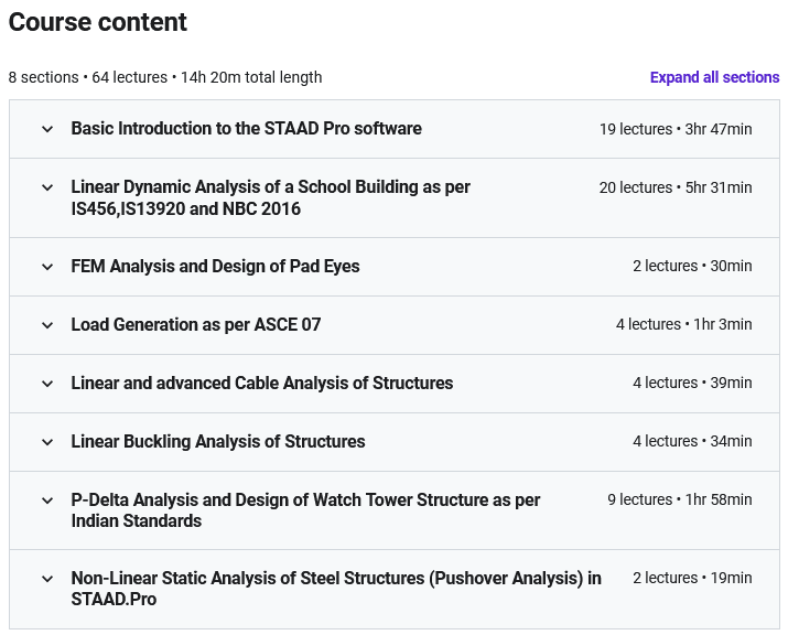 Course topics · Udemy — STAAD Pro Professional Course (Fresher to Experienced) 2020-6