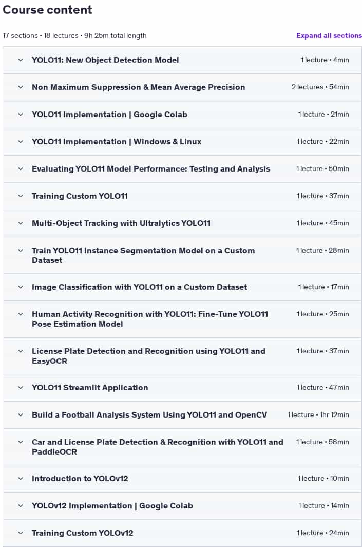 Course topics · Udemy — YOLO11 & YOLOv12: Object Detection & Web Apps in Python 2025 2025-6
