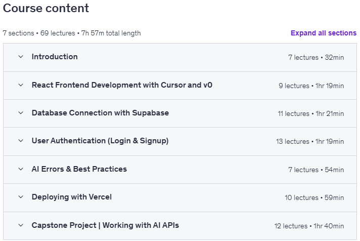 Course topics · Udemy — Vibe Coding Masterclass: Full-Stack Web Development with AI 2025-9