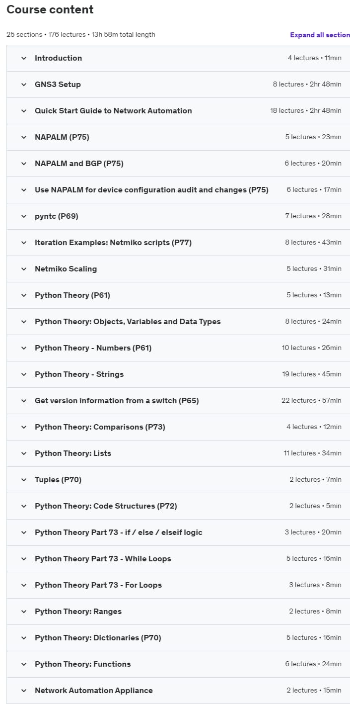 Course topics · Udemy — Python for Network Engineers: Netmiko, NAPALM, pyntc, Telnet 2023-1