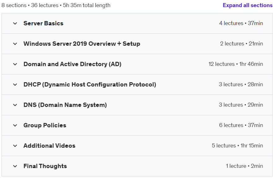 Course topics · Udemy — Windows Server 2019 Admin: Active Directory, DNS, GPO, DHCP 2022-3