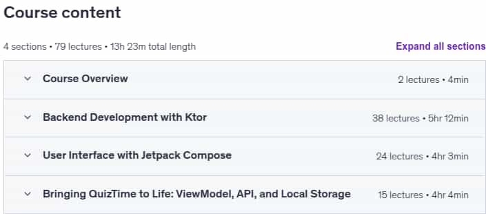 Course topics · Udemy — Full-Stack Android Quiz App: Ktor Backend & Jetpack Compose 2025-5