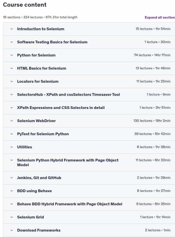 Course topics · Selenium Python: Beginners to Advanced [Live Project] 2023-5