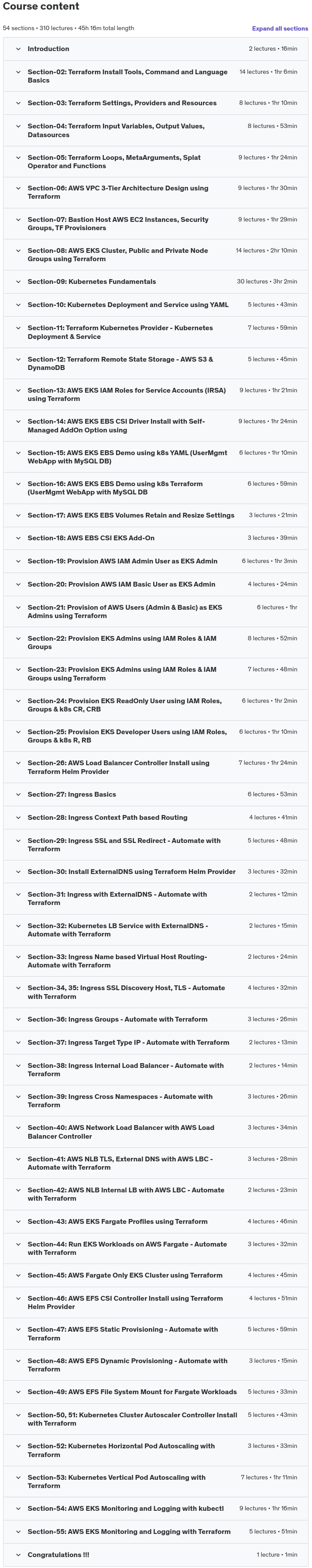 Course topics · Terraform on AWS EKS Kubernetes IaC SRE- 50 Real-World Demos 2024-12
