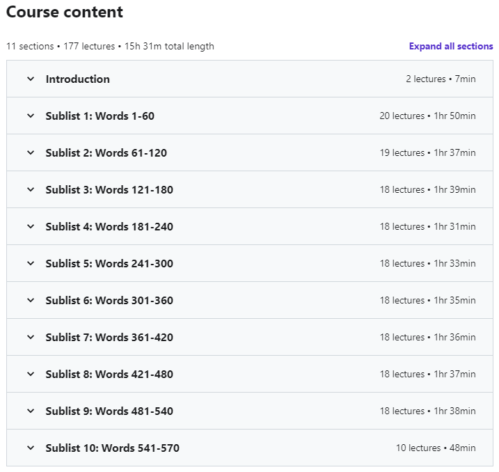 Course topics · Udemy — Master the Academic Word List: Improve Your Academic English 2021-11