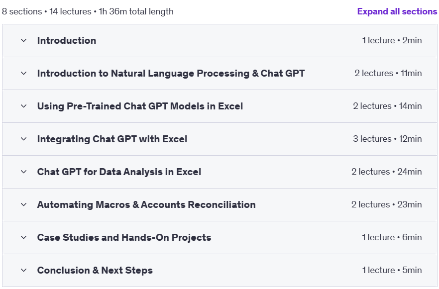 Course topics · Udemy — Chat GPT For Excel: Automating Your Excel Work Using ChatGPT 2023-6