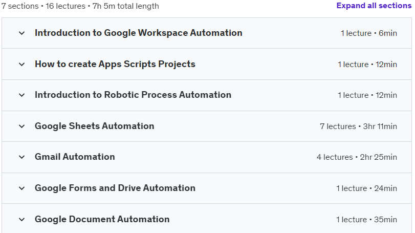 Course topics · Udemy — Full Google Workspace Automation – Apps Script 2024-5