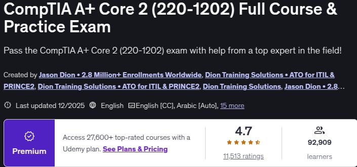 تصاویر · CompTIA A + کور 2 (220-1202) مکمل کورس اور عمل امتحان 2025-12