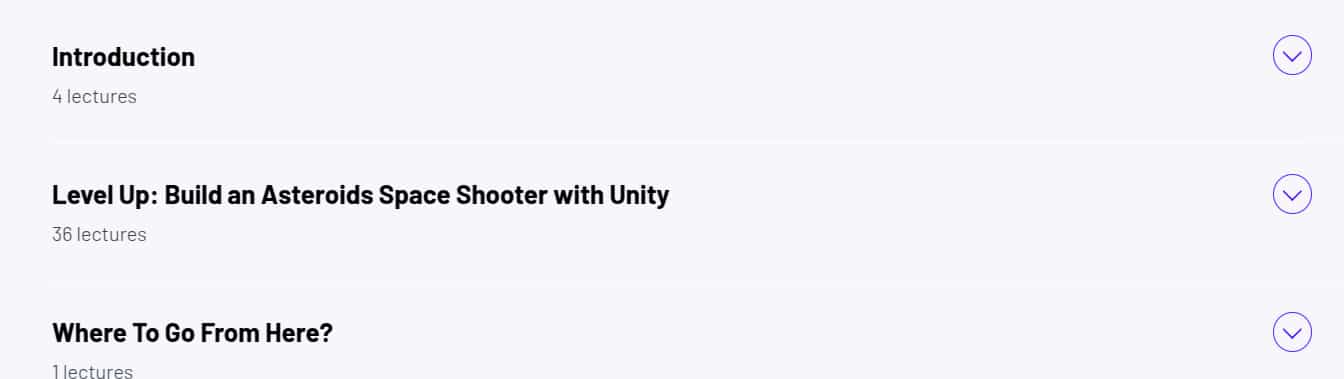 Course topics · ZeroToMastery — Level Up: Build an Asteroids Space Shooter with Unity 2025-9