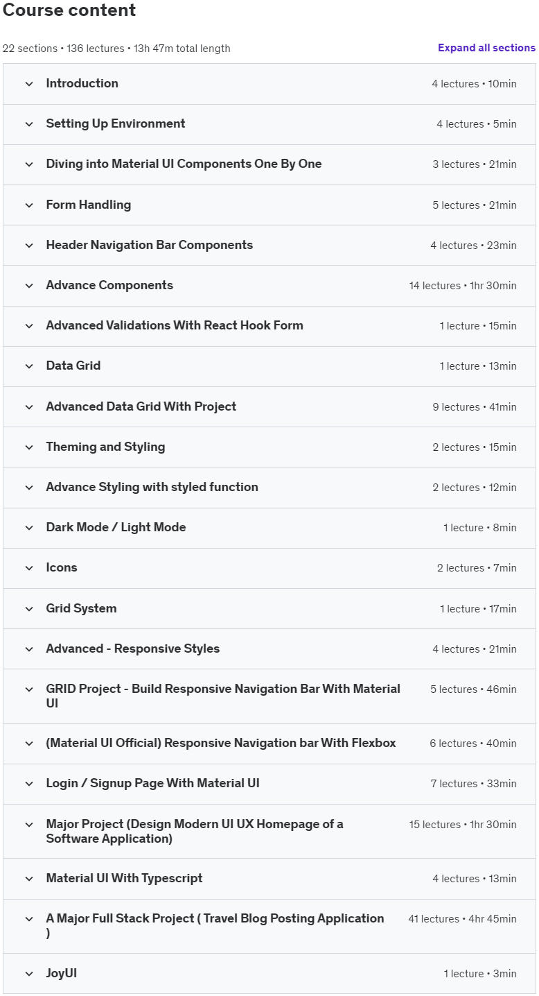 Course topics · Material UI – The Complete Guide With React (2024) Edition 2023-7