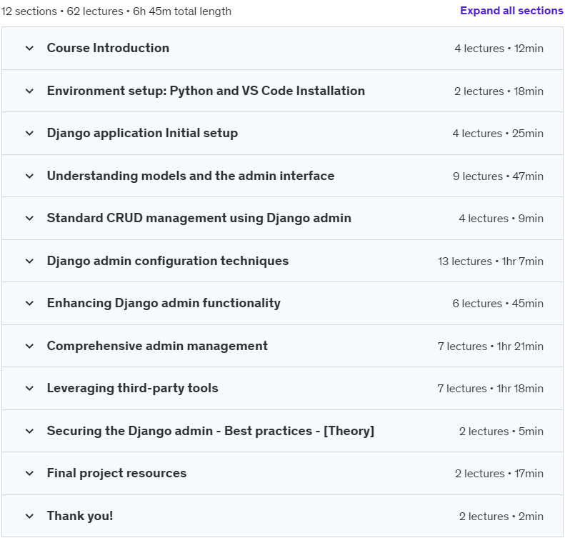 Course topics · Udemy — Django Admin – Mastery Course – 2024 2024-7