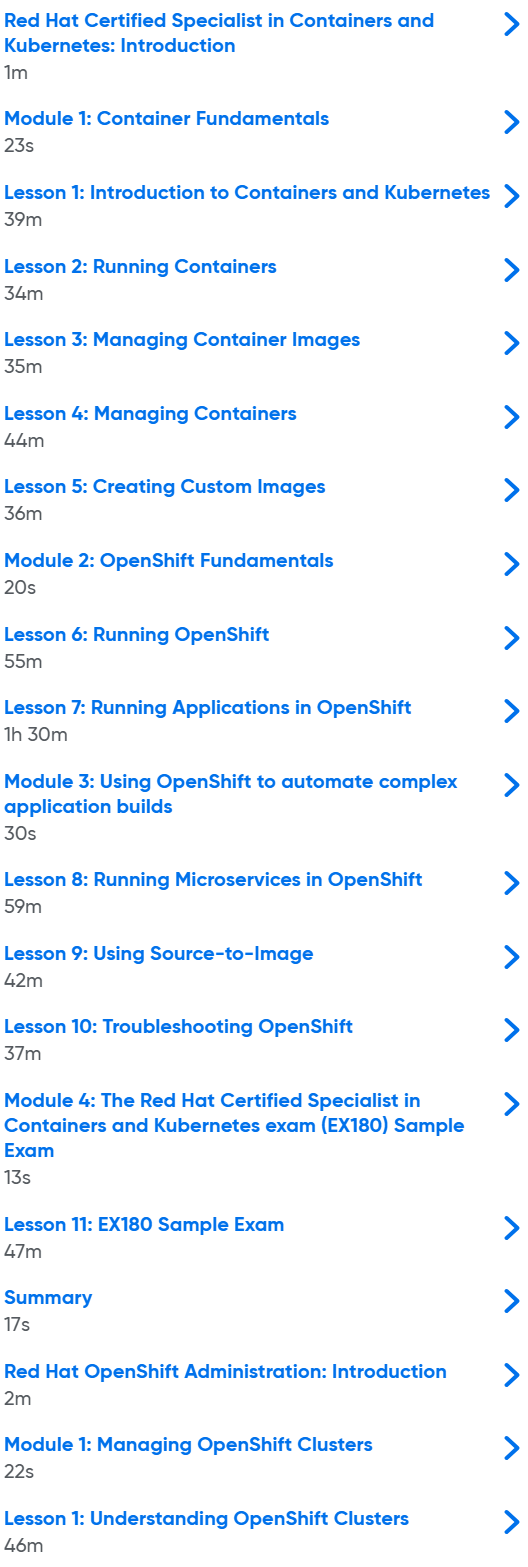 Course topics · Oreilly — Red Hat Certified Specialist in Containers and Kubernetes (EX180) and OpenShift Administration (EX280) (Video Collection) 2022-1