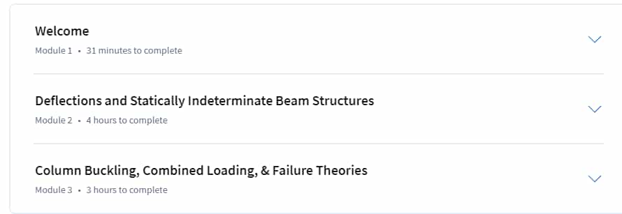 Course topics · Coursera — Mechanics of Materials IV: Deflections, Buckling, Combined Loading & Failure Theories 2024-10