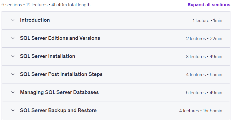 Course topics · SQL Server Database Administration for Developers 2025-2