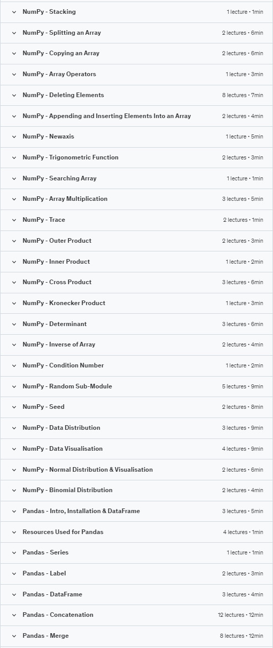 Course topics · Udemy — NumPy, Pandas and Matplotlib A-Z™ for Machine Learning 2023 2021-6