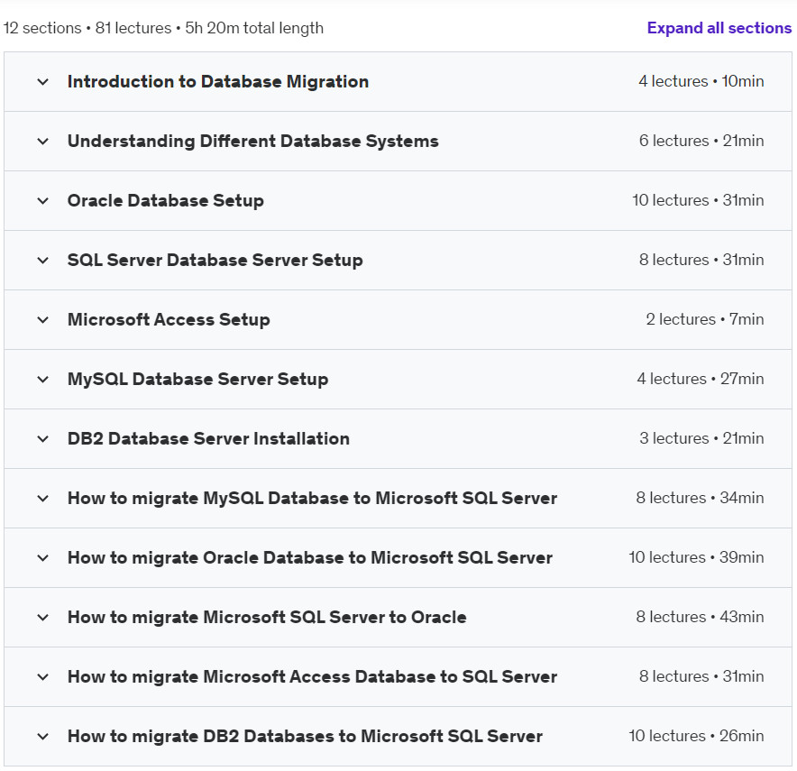 Course topics · Udemy — How to migrate Databases :Oracle,DB2,MySQL,Access,SQL Server 2024-7
