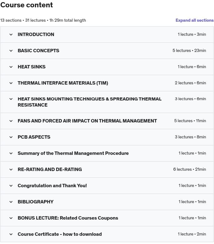 Course topics · PCB/Electronics: Thermal Management, Cooling and Derating 2020-4
