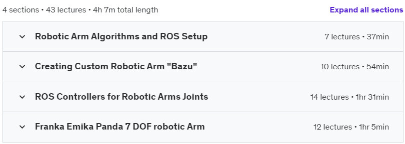 Course topics · Udemy — ROS Ultimate guide for Custom Robotic Arms and Panda 7 DOF 2021-5